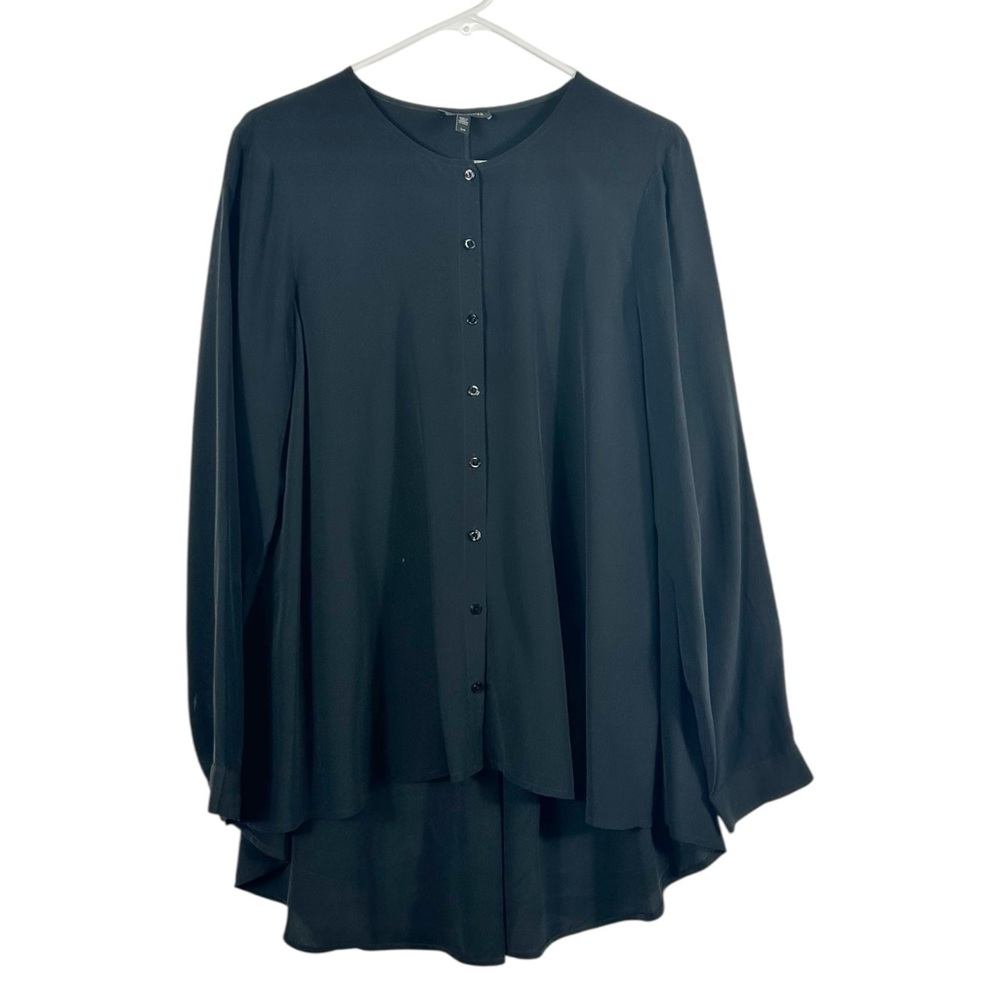 Eileen Fisher Mandarin Collar‎ 100% Silk Black Button Up Blouse Size Small